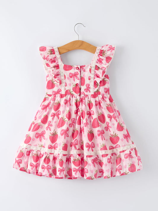 Strawberry Bow Print Girls' Dress
