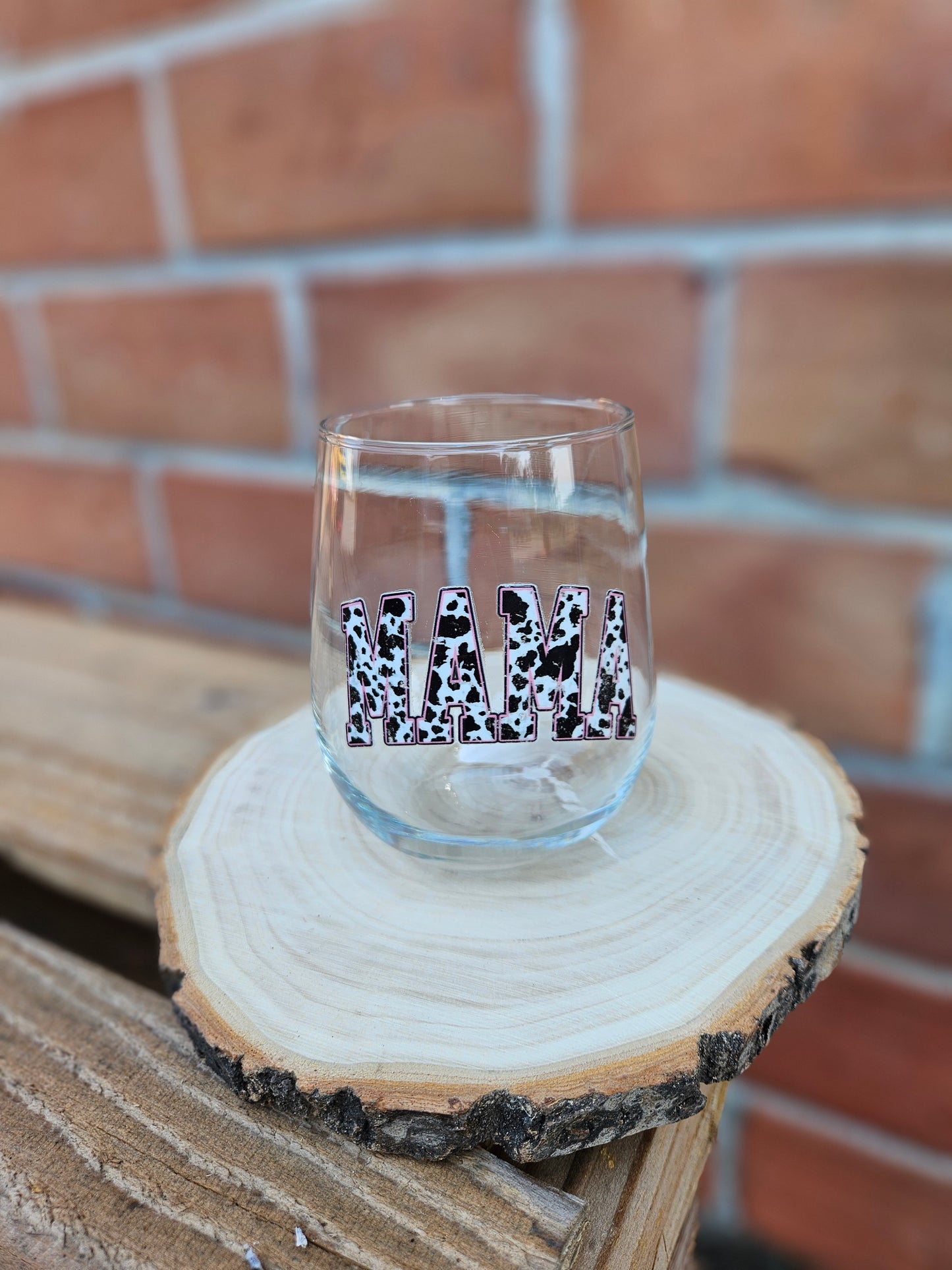 Mama- Cow Print Wine Glass