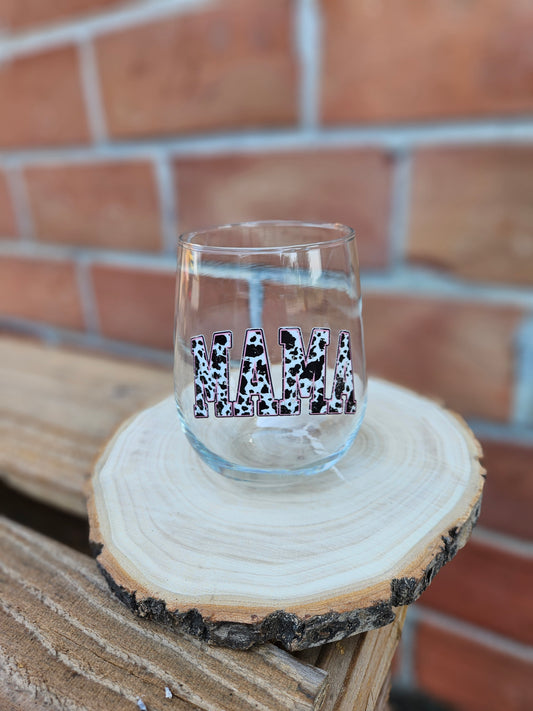 Mama- Cow Print Wine Glass