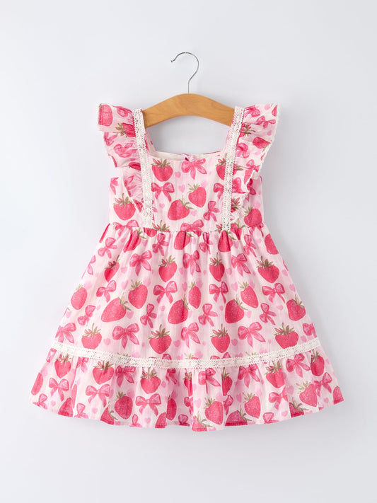 Strawberry Bow Print Girls' Dress