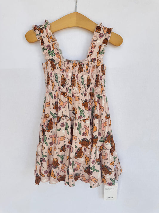 Pink Highland Cow Shirred Dress