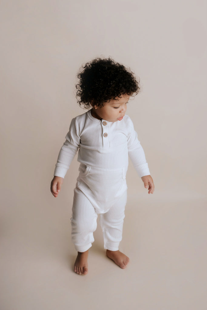 White Baby Ribbed Playsuit with pockets