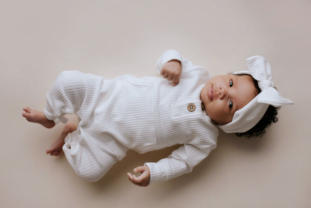 White Baby Ribbed Playsuit with pockets