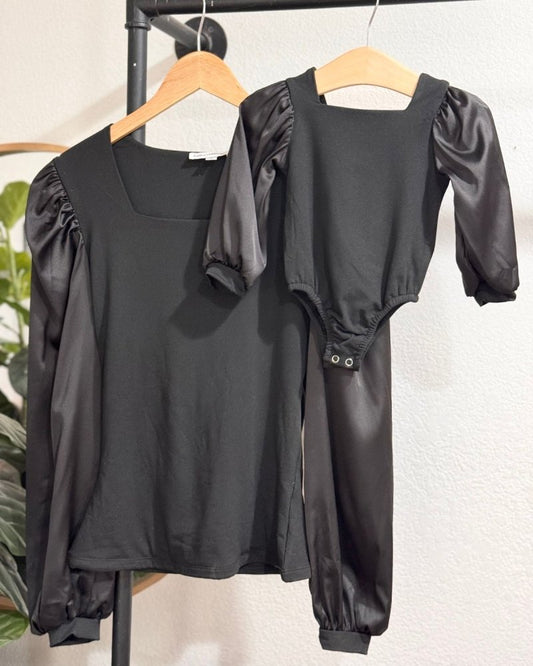 Evangeline Satin Sleeve Top & Leotard - Black